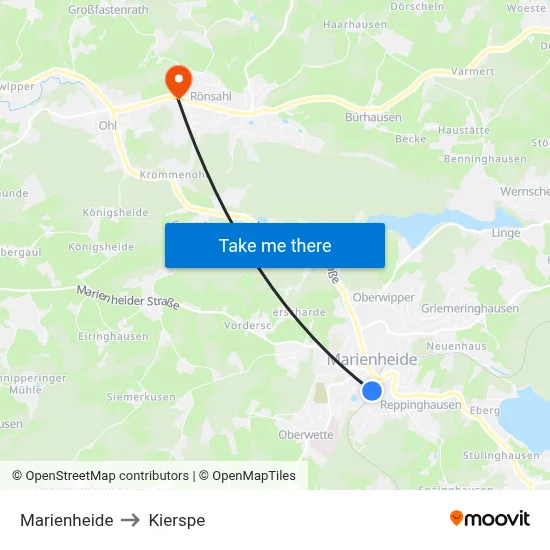 Marienheide to Kierspe map