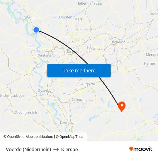 Voerde (Niederrhein) to Kierspe map