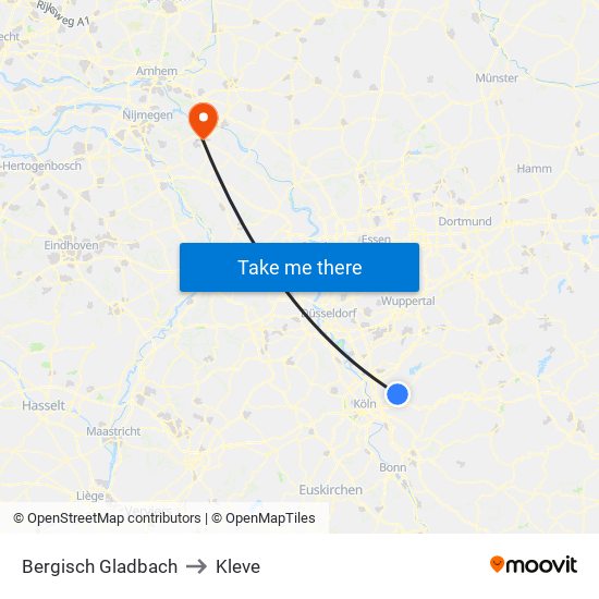 Bergisch Gladbach to Kleve map