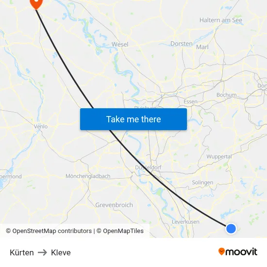 Kürten to Kleve map