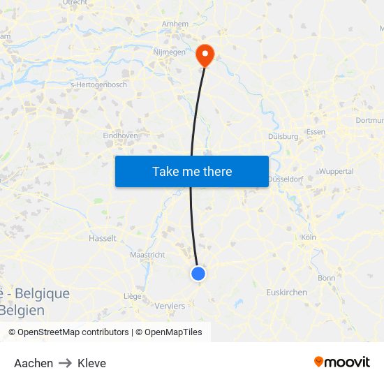 Aachen to Kleve map