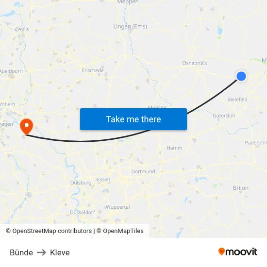 Bünde to Kleve map