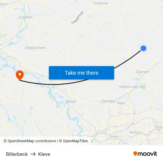 Billerbeck to Kleve map
