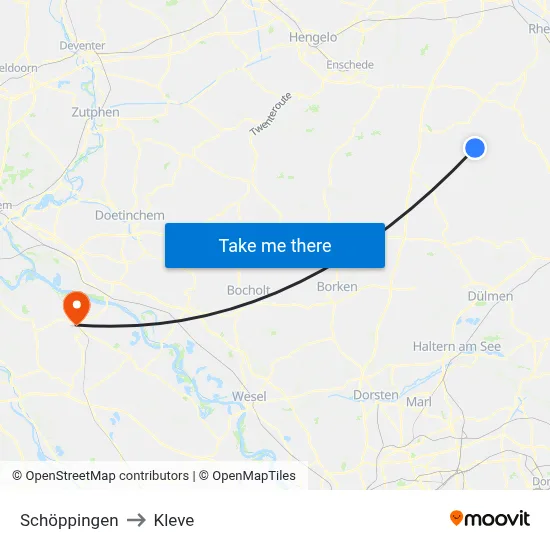 Schöppingen to Kleve map