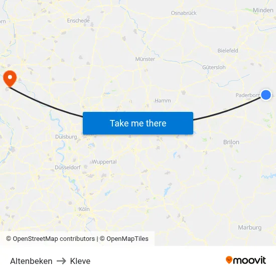Altenbeken to Kleve map