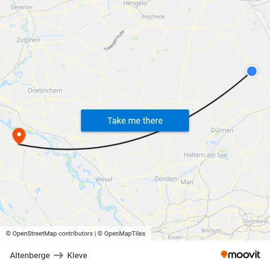 Altenberge to Kleve map