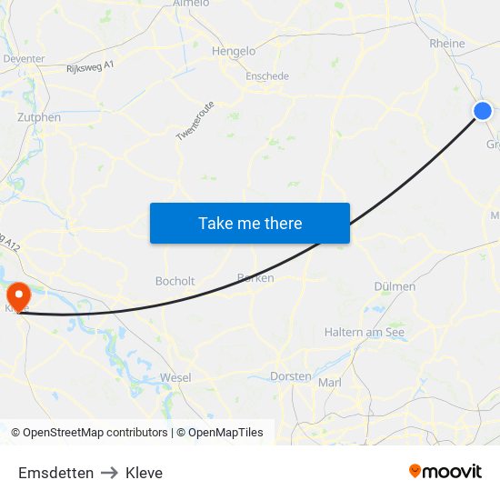 Emsdetten to Kleve map