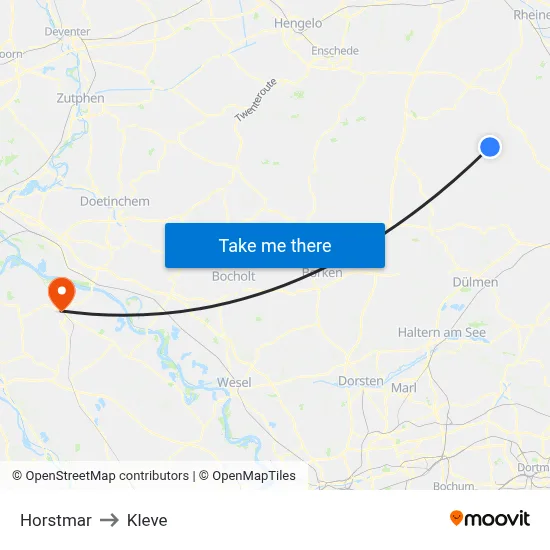 Horstmar to Kleve map