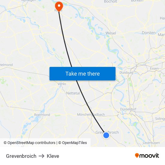 Grevenbroich to Kleve map