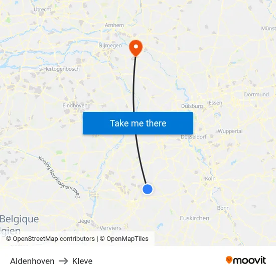 Aldenhoven to Kleve map