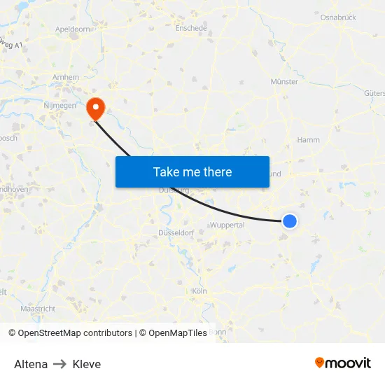 Altena to Kleve map