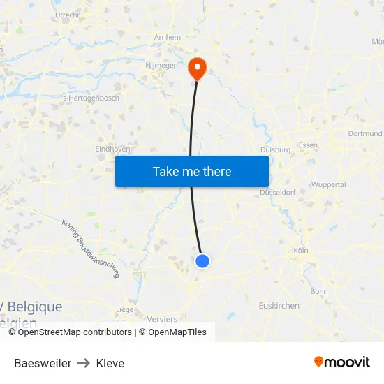 Baesweiler to Kleve map