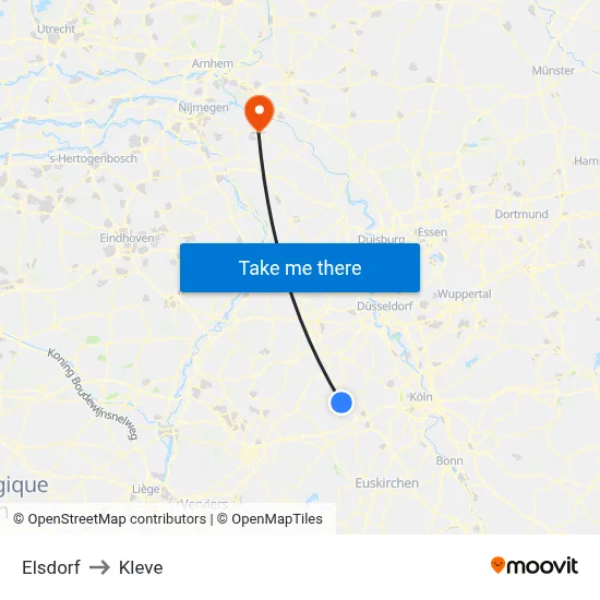 Elsdorf to Kleve map
