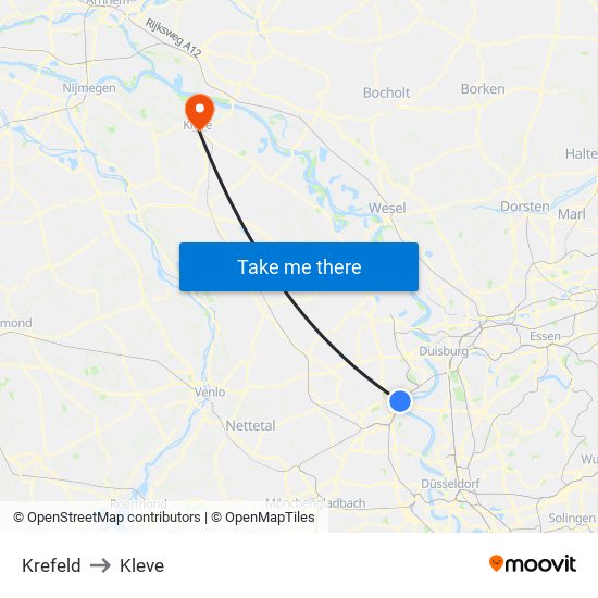Krefeld to Kleve map
