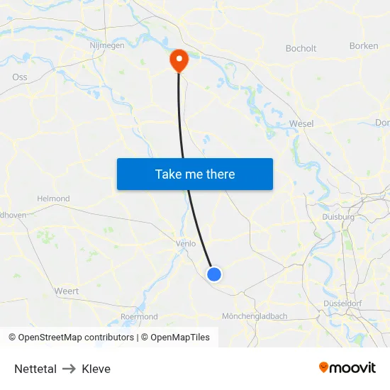 Nettetal to Kleve map