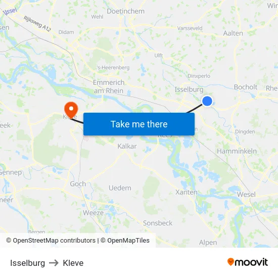 Isselburg to Kleve map
