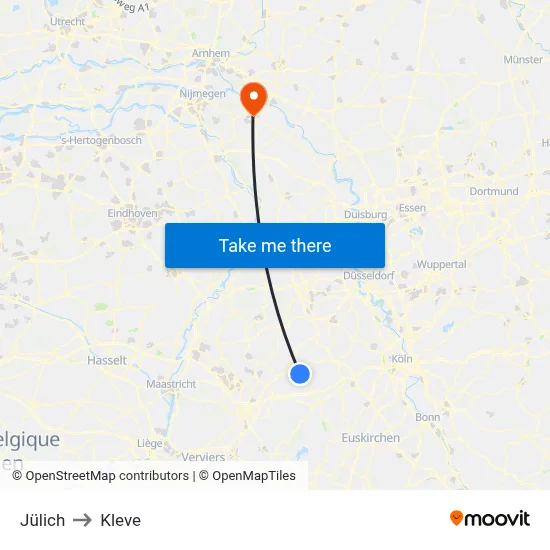 Jülich to Kleve map