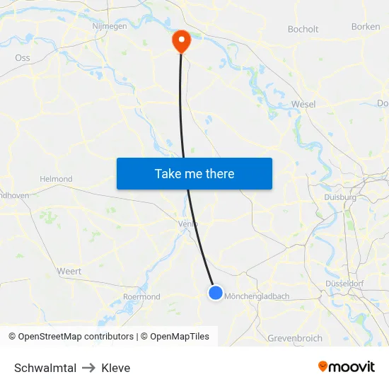 Schwalmtal to Kleve map