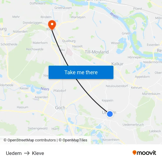 Uedem to Kleve map