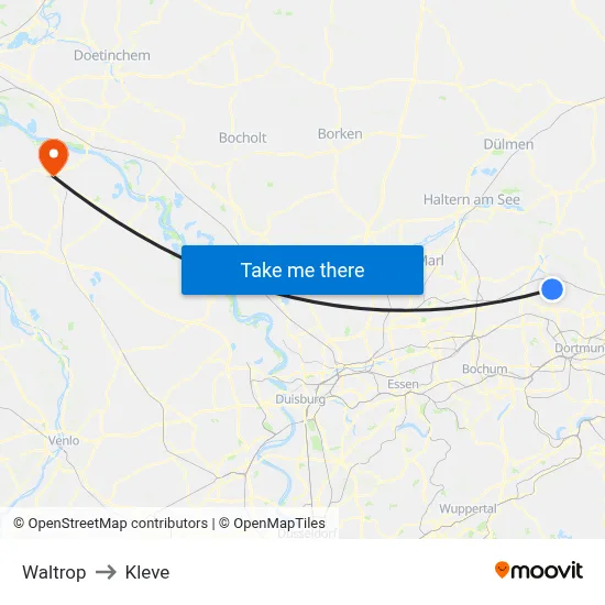 Waltrop to Kleve map