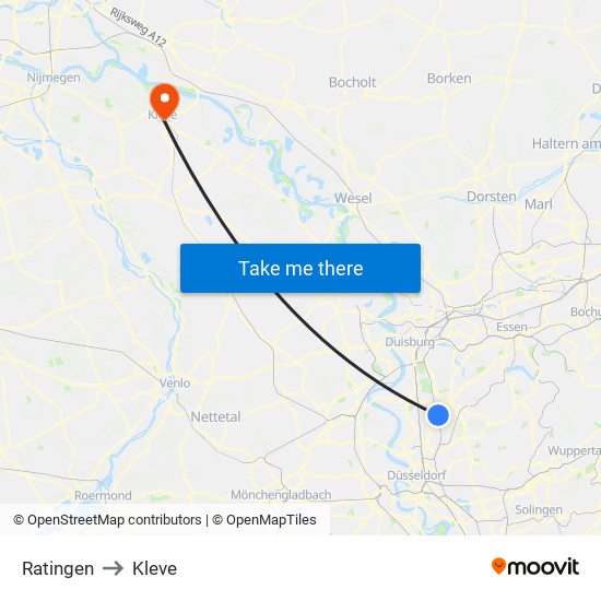 Ratingen to Kleve map