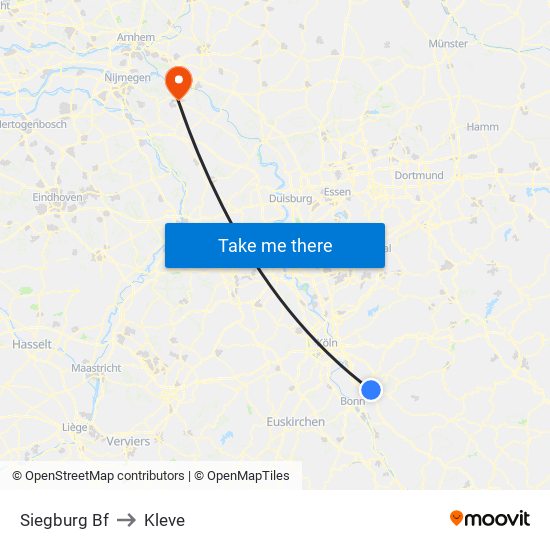 Siegburg Bf to Kleve map