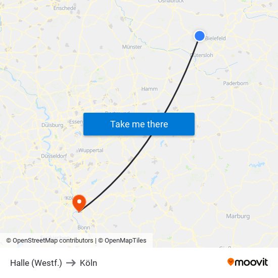 Halle (Westf.) to Köln map