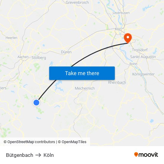 Bütgenbach to Köln map