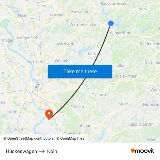 Hückeswagen to Köln map