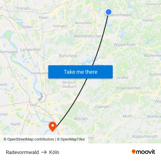 Radevormwald to Köln map