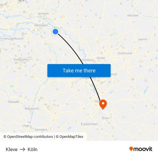 Kleve to Köln map