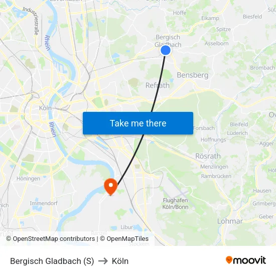 Bergisch Gladbach (S) to Köln map
