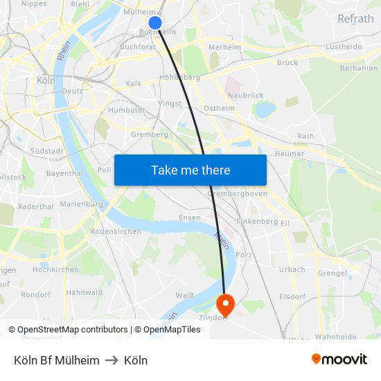Köln Bf Mülheim to Köln map