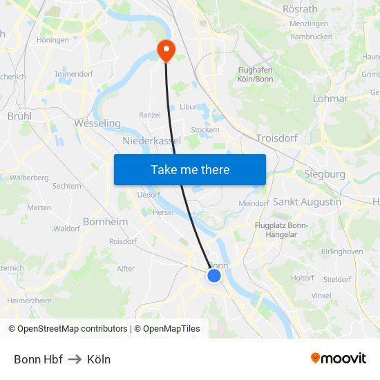 Bonn Hbf to Köln map