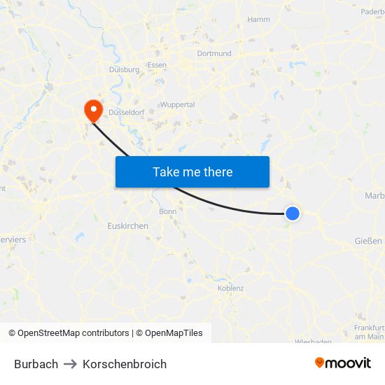 Burbach to Korschenbroich map