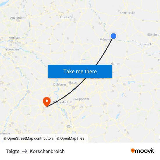 Telgte to Korschenbroich map