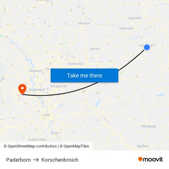 Paderborn to Korschenbroich map