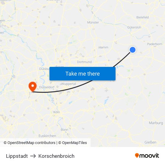 Lippstadt to Korschenbroich map