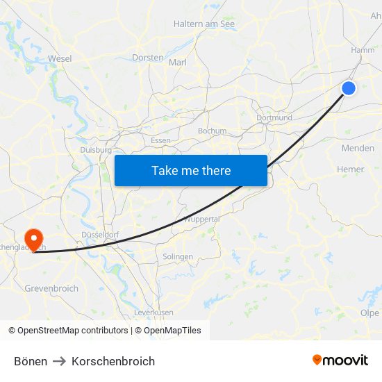 Bönen to Korschenbroich map