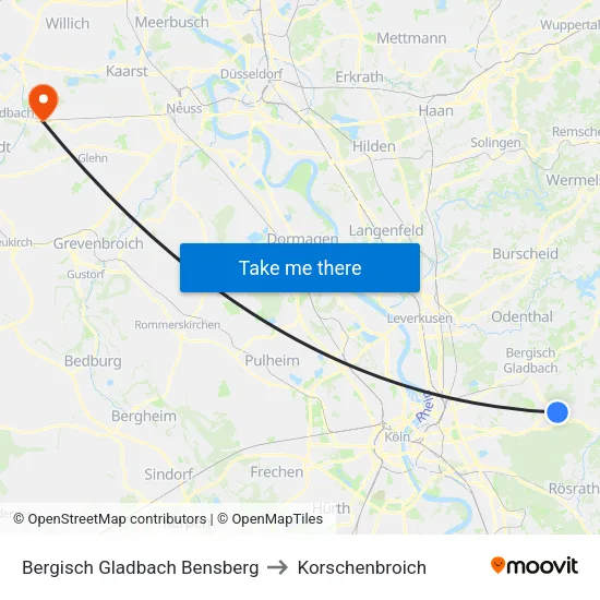 Bergisch Gladbach Bensberg to Korschenbroich map