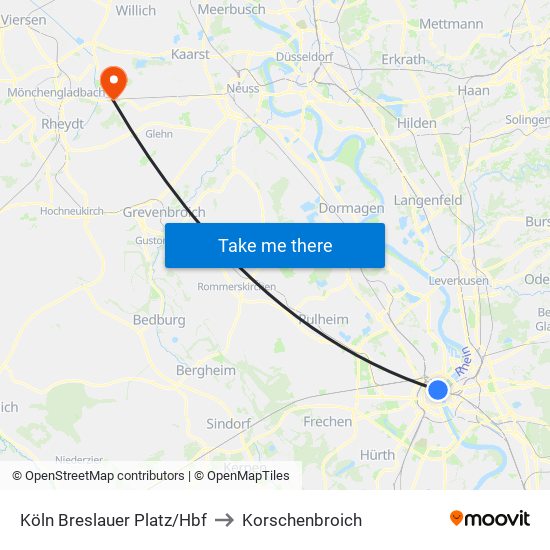 Köln Breslauer Platz/Hbf to Korschenbroich map
