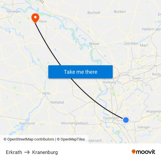 Erkrath to Kranenburg map