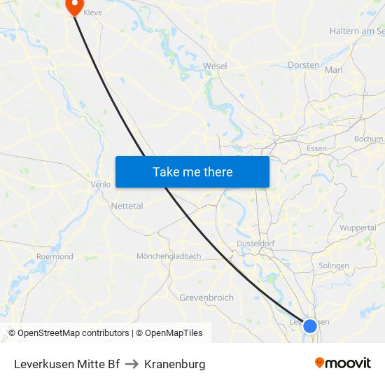 Leverkusen Mitte Bf to Kranenburg map