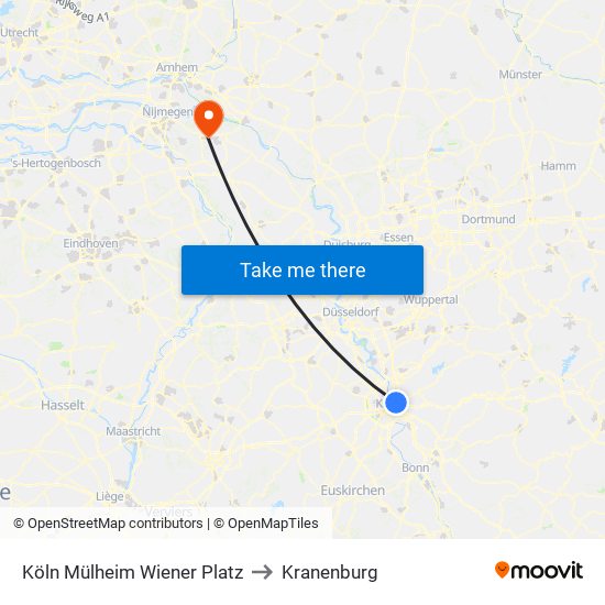 Köln Mülheim Wiener Platz to Kranenburg map