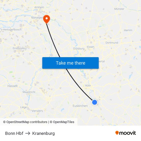 Bonn Hbf to Kranenburg map