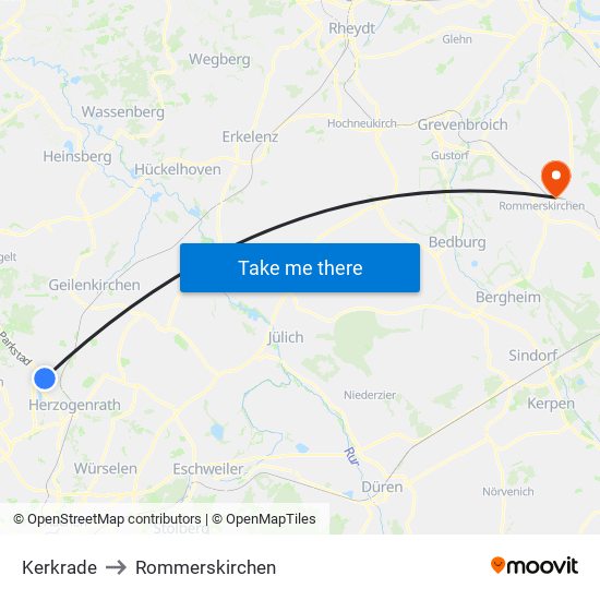 Kerkrade to Rommerskirchen map