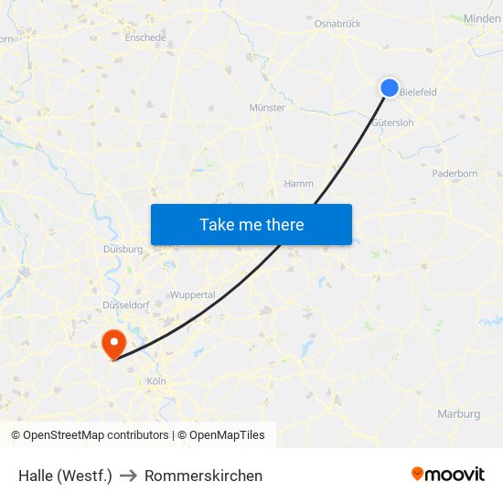 Halle (Westf.) to Rommerskirchen map