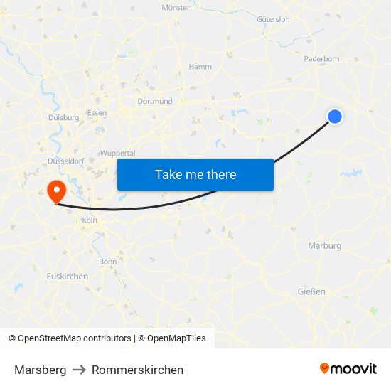 Marsberg to Rommerskirchen map