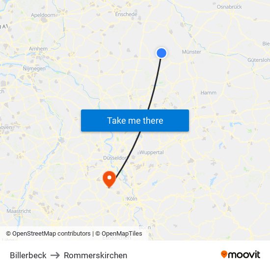 Billerbeck to Rommerskirchen map