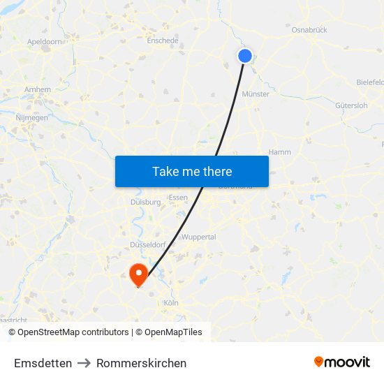 Emsdetten to Rommerskirchen map